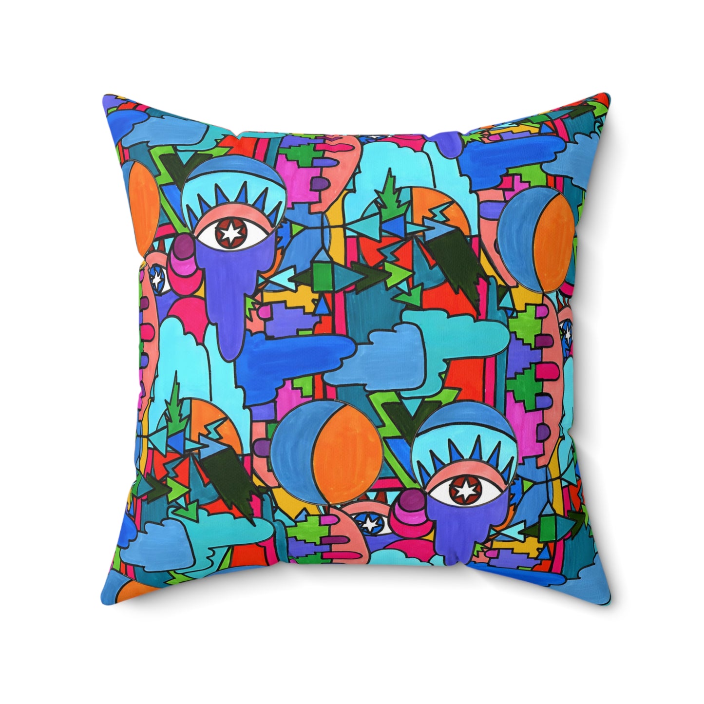 Pop Decoscape Abstract Artwork Maximalist Throw Pillow - Colorful Hand Drawn Eclectic Square Pillow