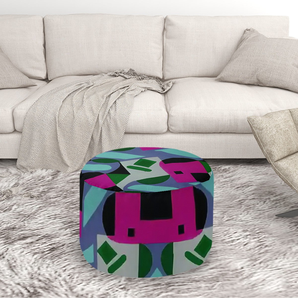 Kaleidoscope Reimagined Colorful Eclectic Round Pouf Ottoman |  Art Deco Inspired Abstract Patterned Pouf