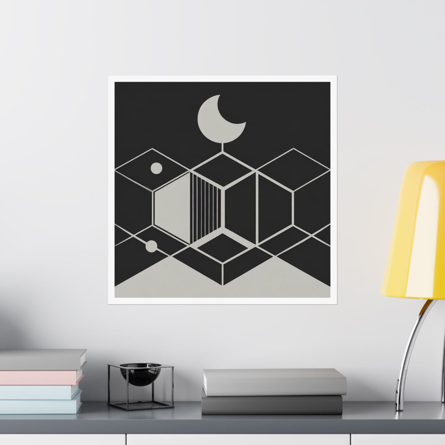 Minimalist Moon Graphic Abstract Geometric Square Matte Poster Cosmic Black White Art Print