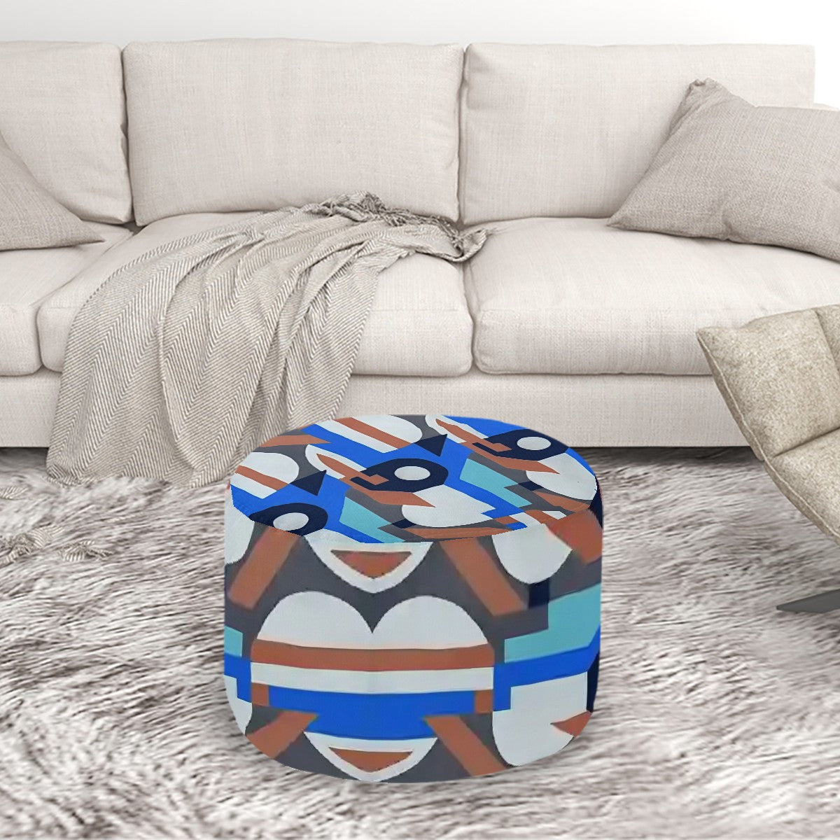 Kaleidoscope Reimagined Colorful Eclectic Round Pouf Ottoman |  Art Deco Inspired Abstract Patterned Pouf