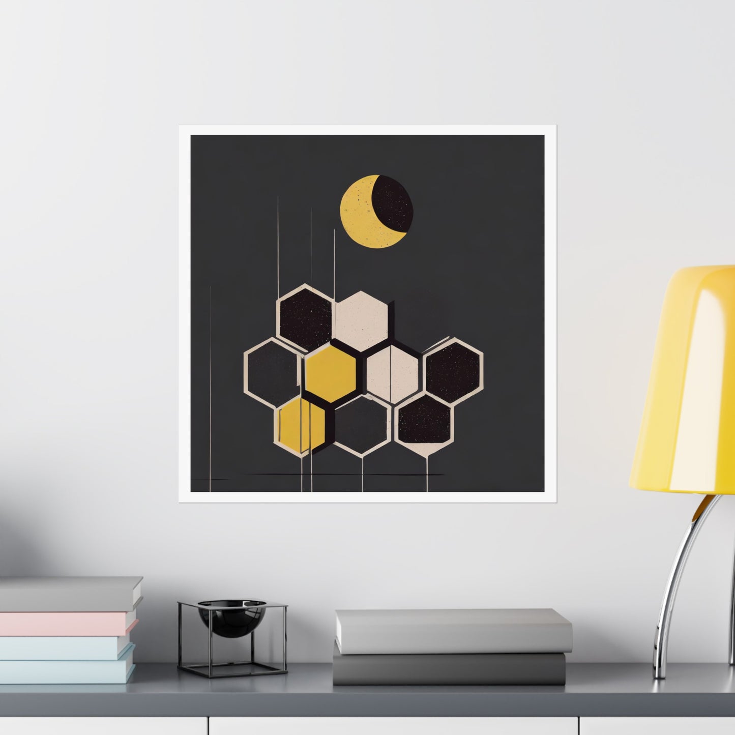 Minimalist New Moon Graphic Abstract Geometric Honeycomb Square Matte Poster Cosmic Art Print