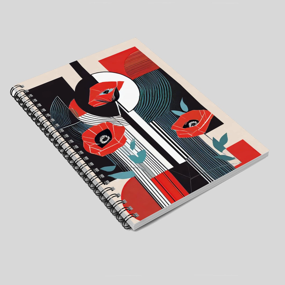 Art Deco Red Poppies Spiral Notebook