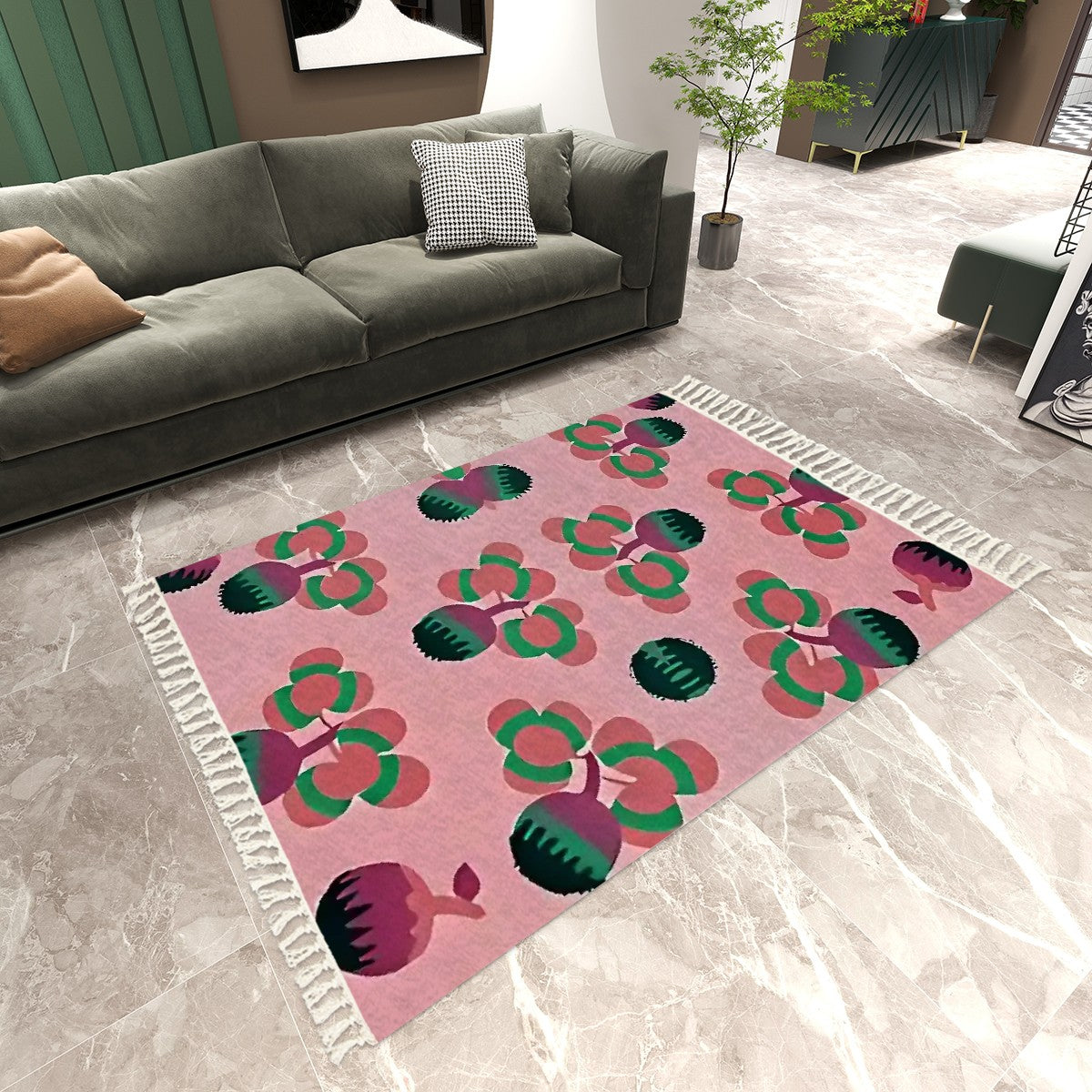 Blush Art Deco Abstract Floral Area Rug with Tassels (5'x8') | Dreamy Pastel Rug