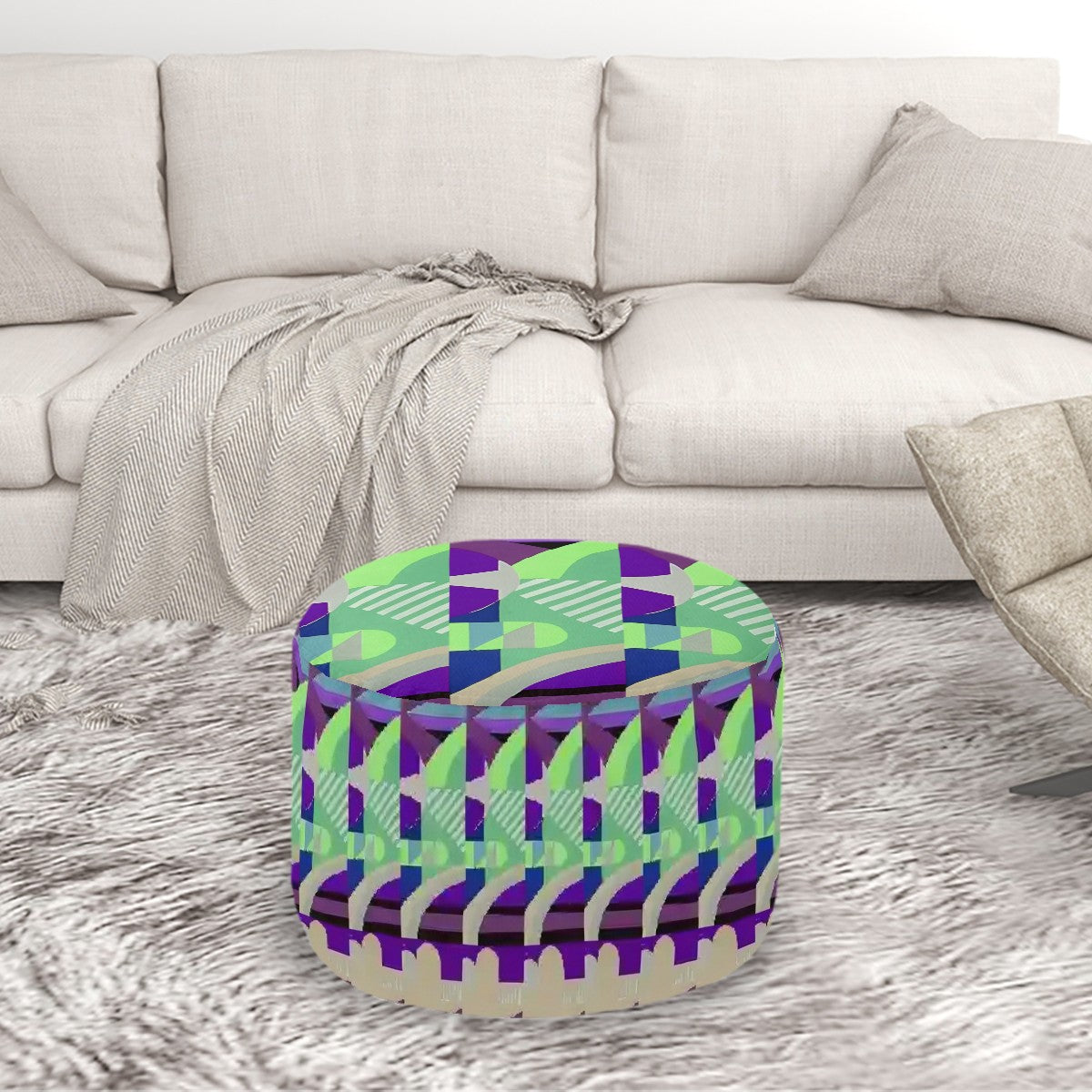 Kaleidoscope Reimagined Colorful Eclectic Round Pouf Ottoman |  Art Deco Inspired Abstract Patterned Pouf