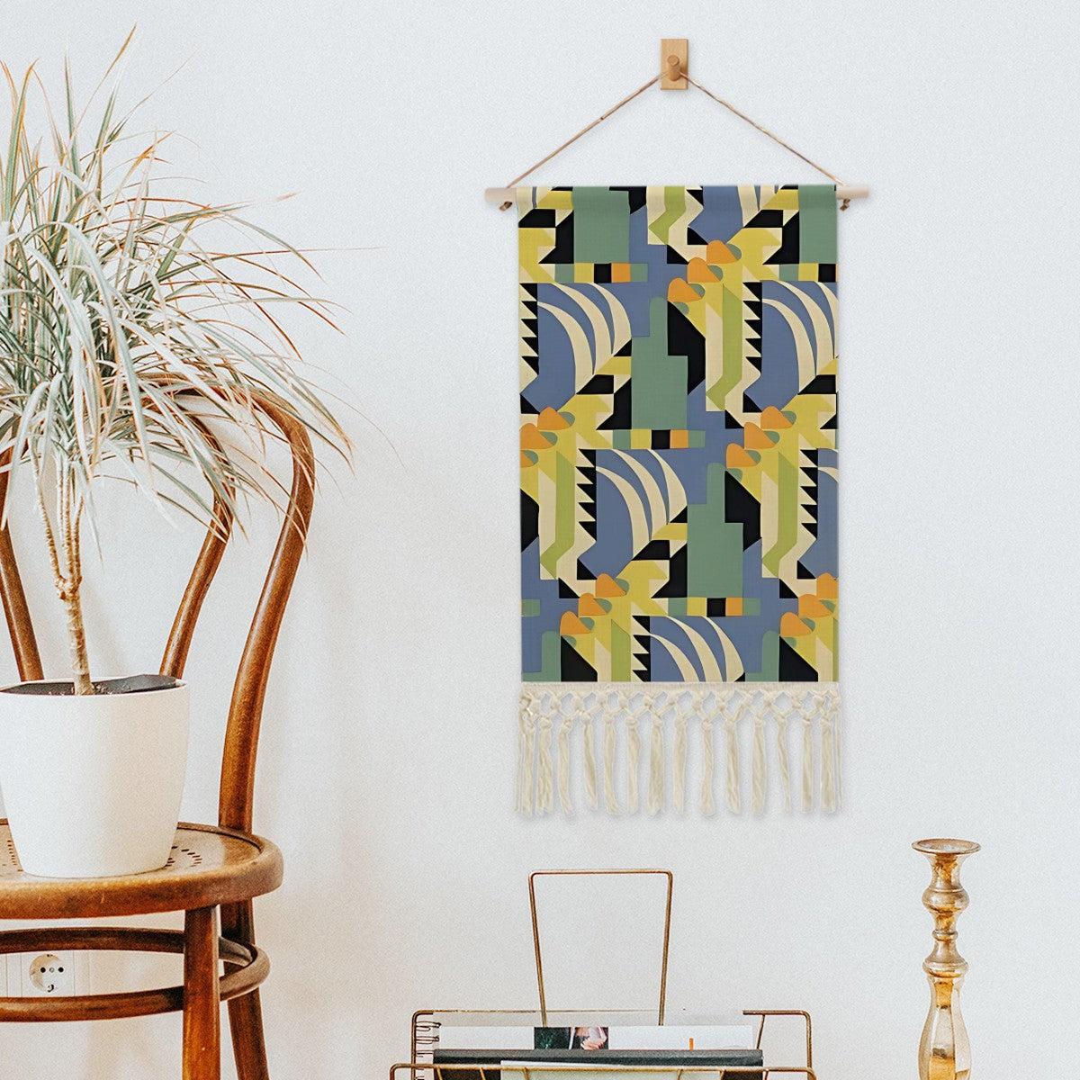 Prismatic Rhythm Colorful Neutrals Wall Hanging | Abstract Geometric Cotton Linen Tapestry