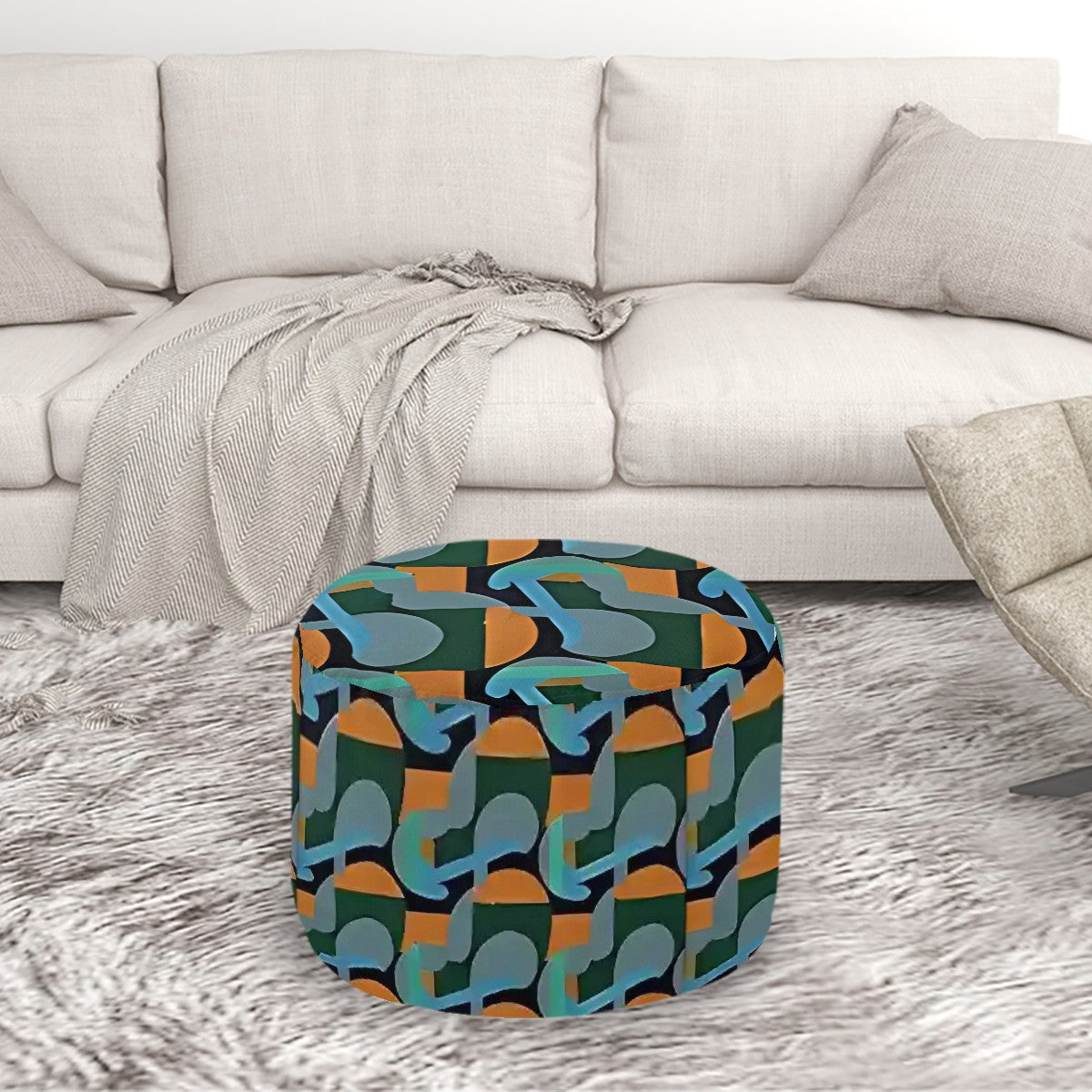 Kaleidoscope Reimagined Colorful Eclectic Round Pouf Ottoman |  Art Deco Inspired Abstract Patterned Pouf