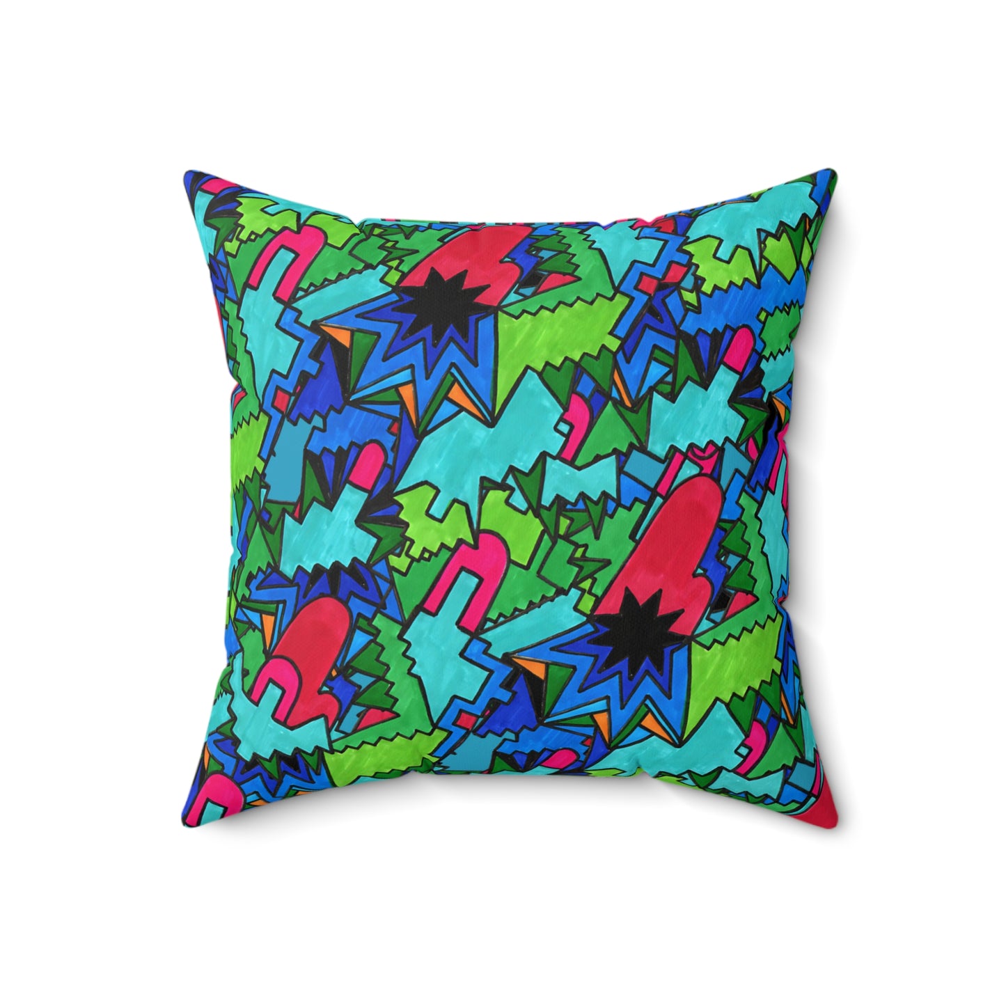 Pop Decoscape Abstract Artwork Maximalist Throw Pillow - Colorful Hand Drawn Eclectic Square Pillow