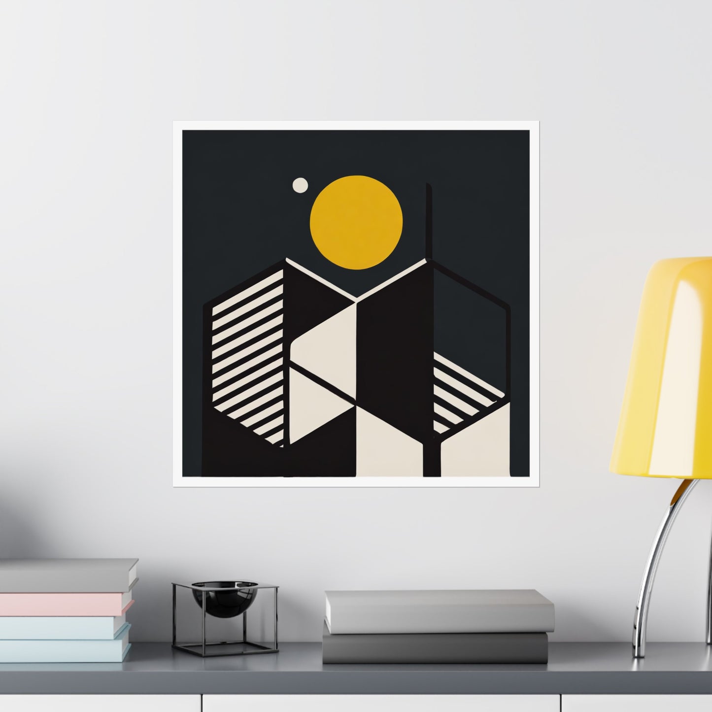 Minimalist Full Moon Graphic Abstract Geometric Honeycomb Square Matte Poster Cosmic Lunar Art Print