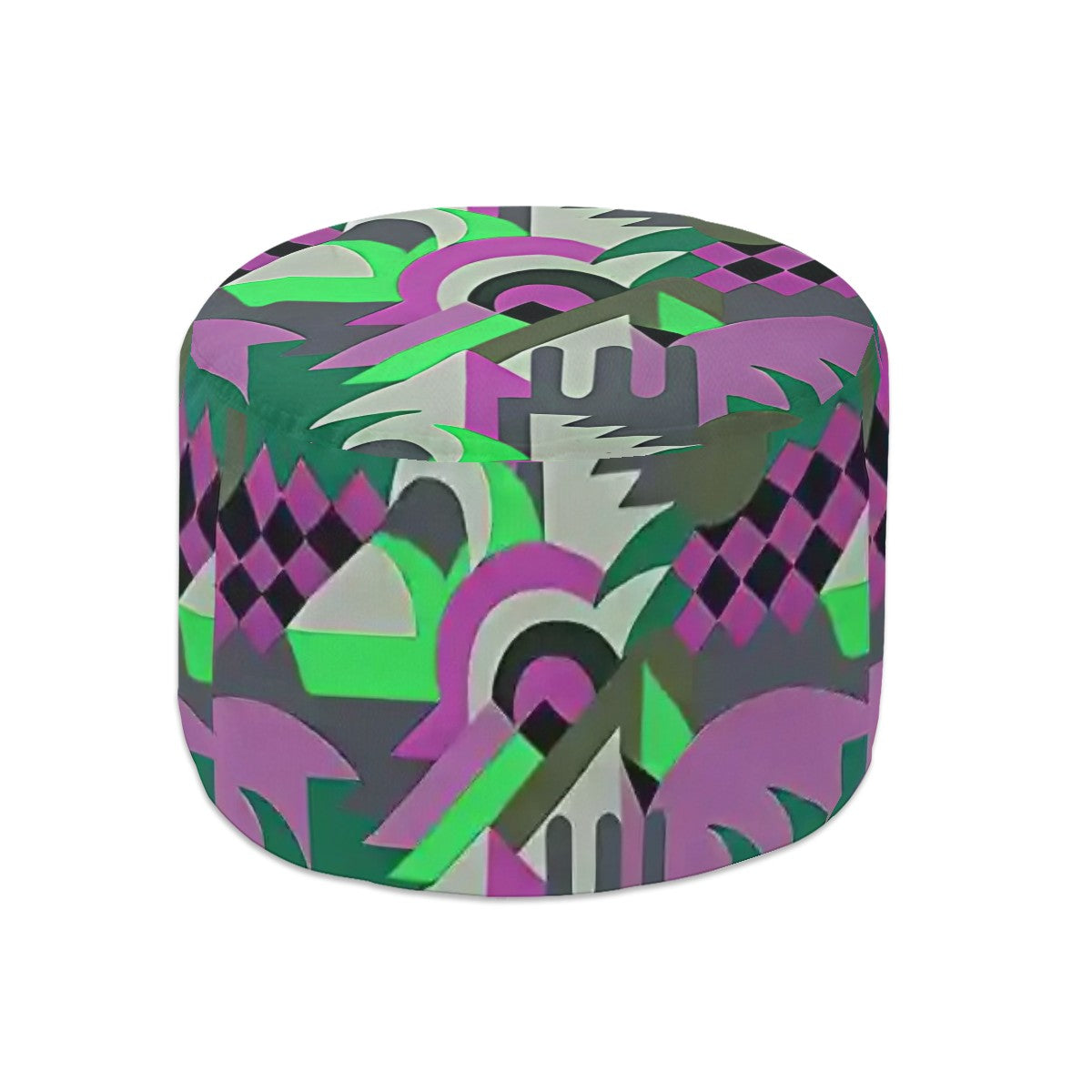 Kaleidoscope Reimagined Colorful Eclectic Round Pouf Ottoman |  Art Deco Inspired Abstract Patterned Pouf