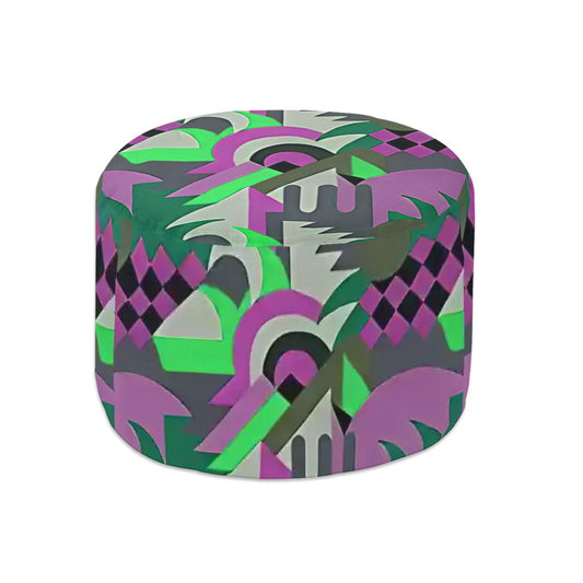 Kaleidoscope Reimagined Colorful Eclectic Round Pouf Ottoman |  Art Deco Inspired Abstract Patterned Pouf