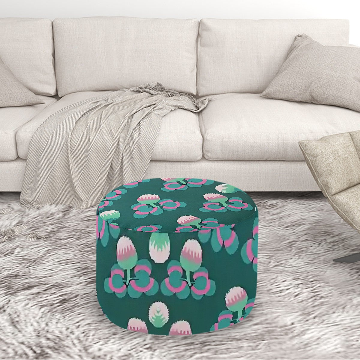 Kaleidoscope Reimagined Colorful Eclectic Round Pouf Ottoman |  Art Deco Inspired Abstract Patterned Pouf