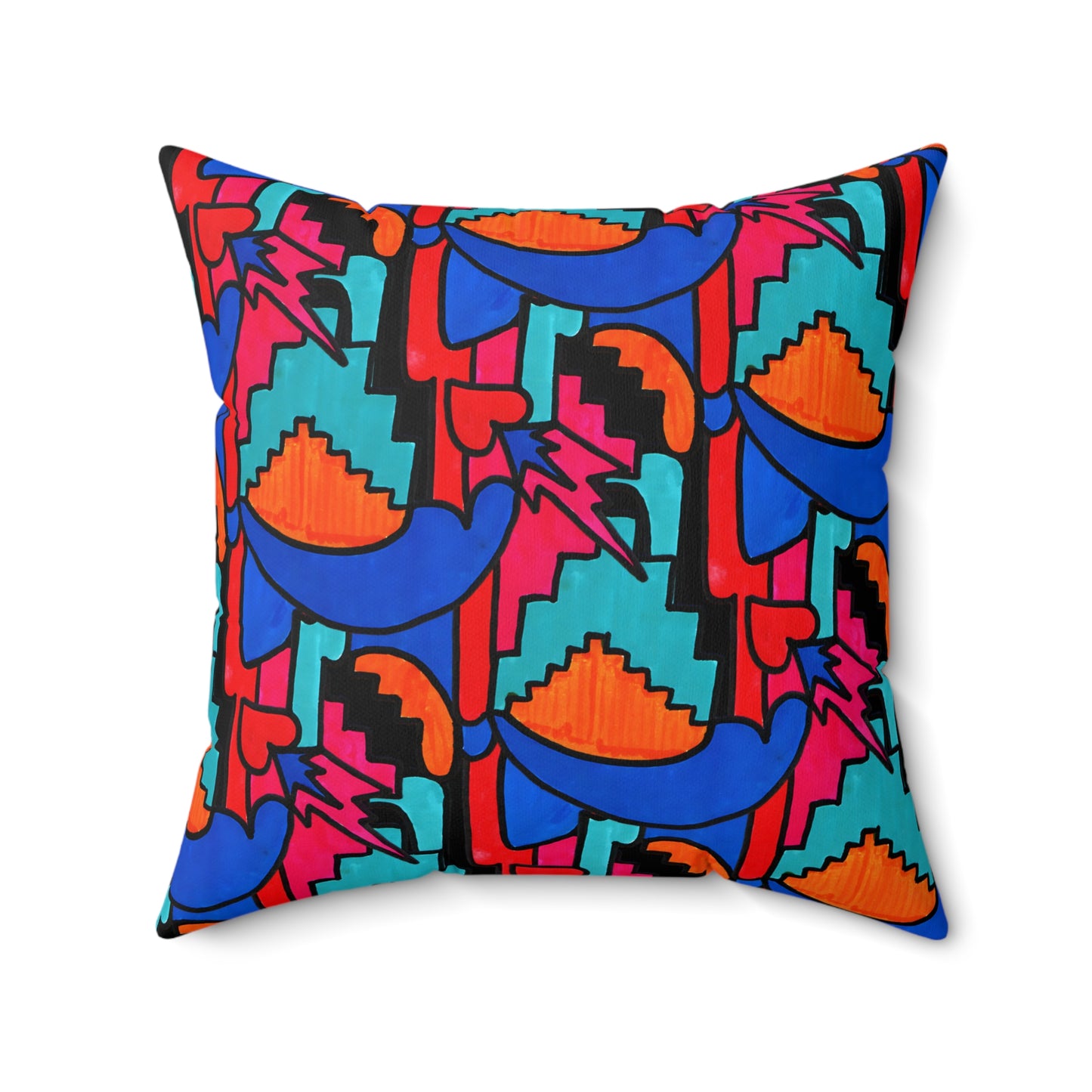 Pop Decoscape Maximalist Drawing Throw Pillow | Colorful Eclectic Maximalist Square Cushion