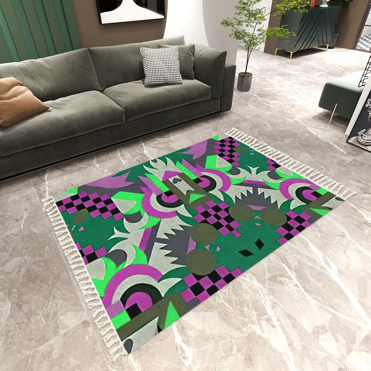 Maximalist Jewel Abstract Geometric Area Rug with Tassels (5'x8') | Surrealist Luxe Rug