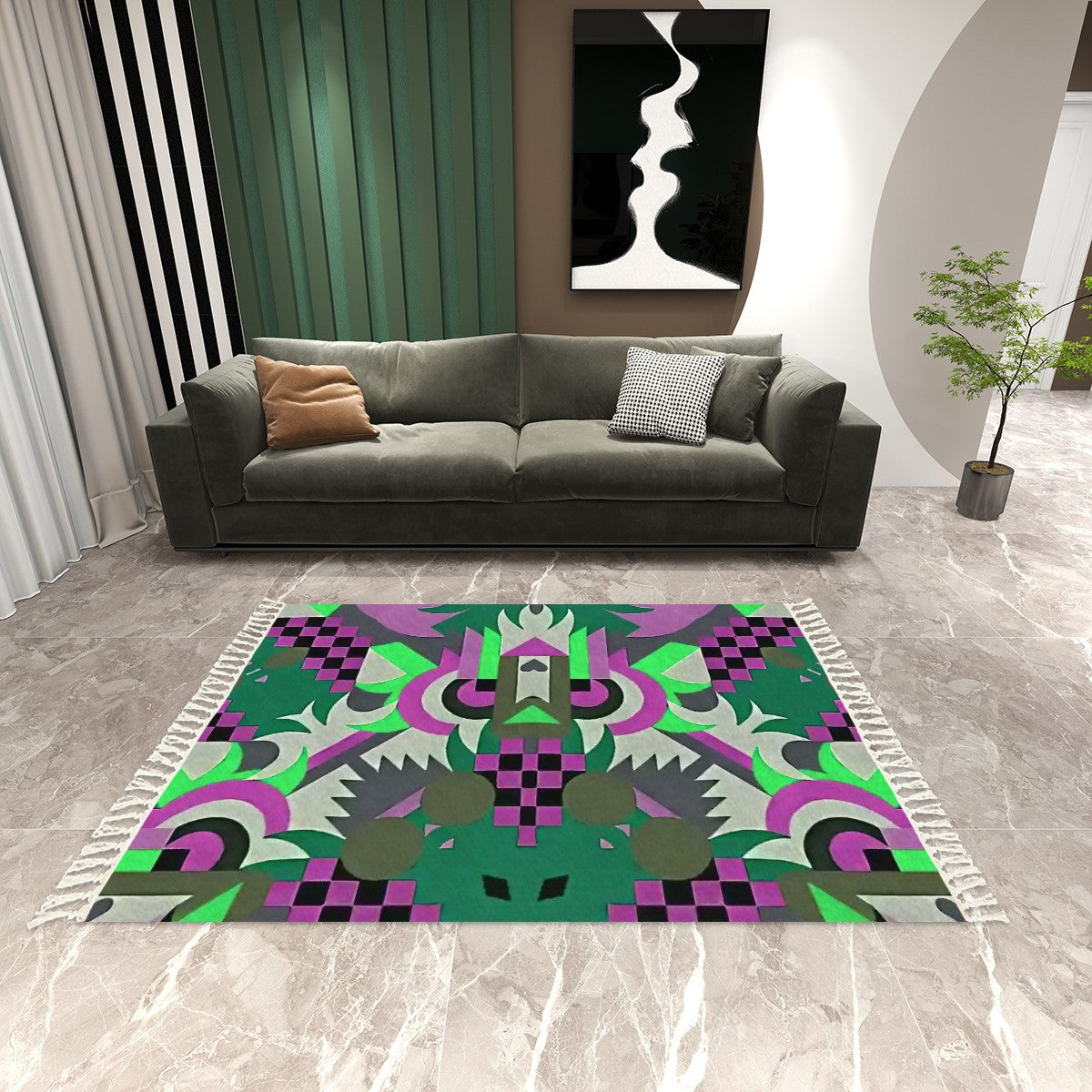 Maximalist Jewel Abstract Geometric Area Rug with Tassels (5'x8') | Surrealist Luxe Rug