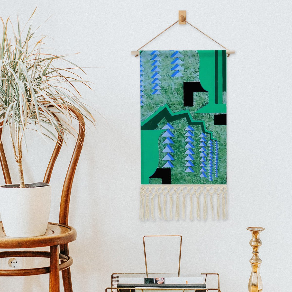 Green Metropolis Grid Wall Hanging | Art Deco Geometric Cotton Linen Tapestry