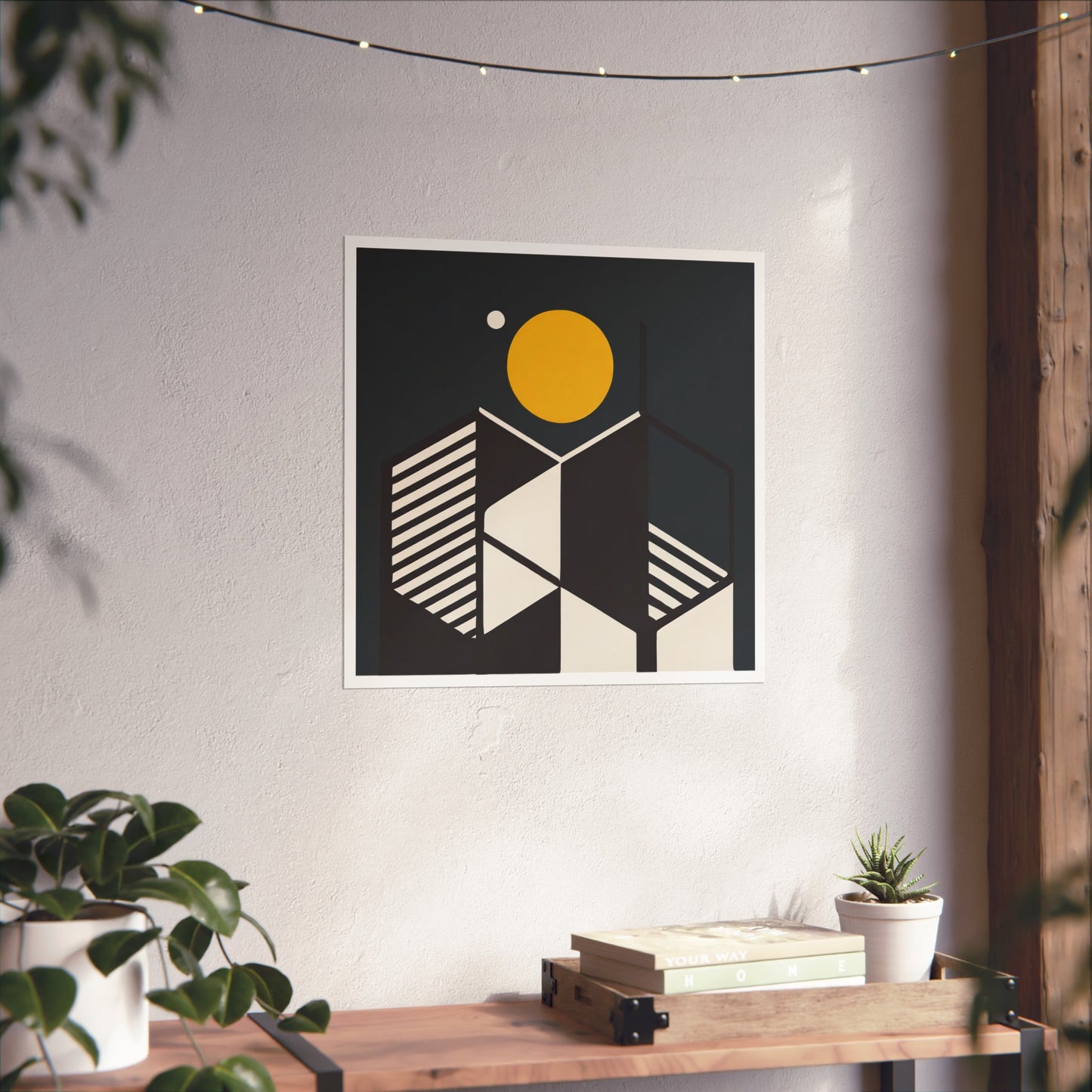 Minimalist Full Moon Graphic Abstract Geometric Honeycomb Square Matte Poster Cosmic Lunar Art Print