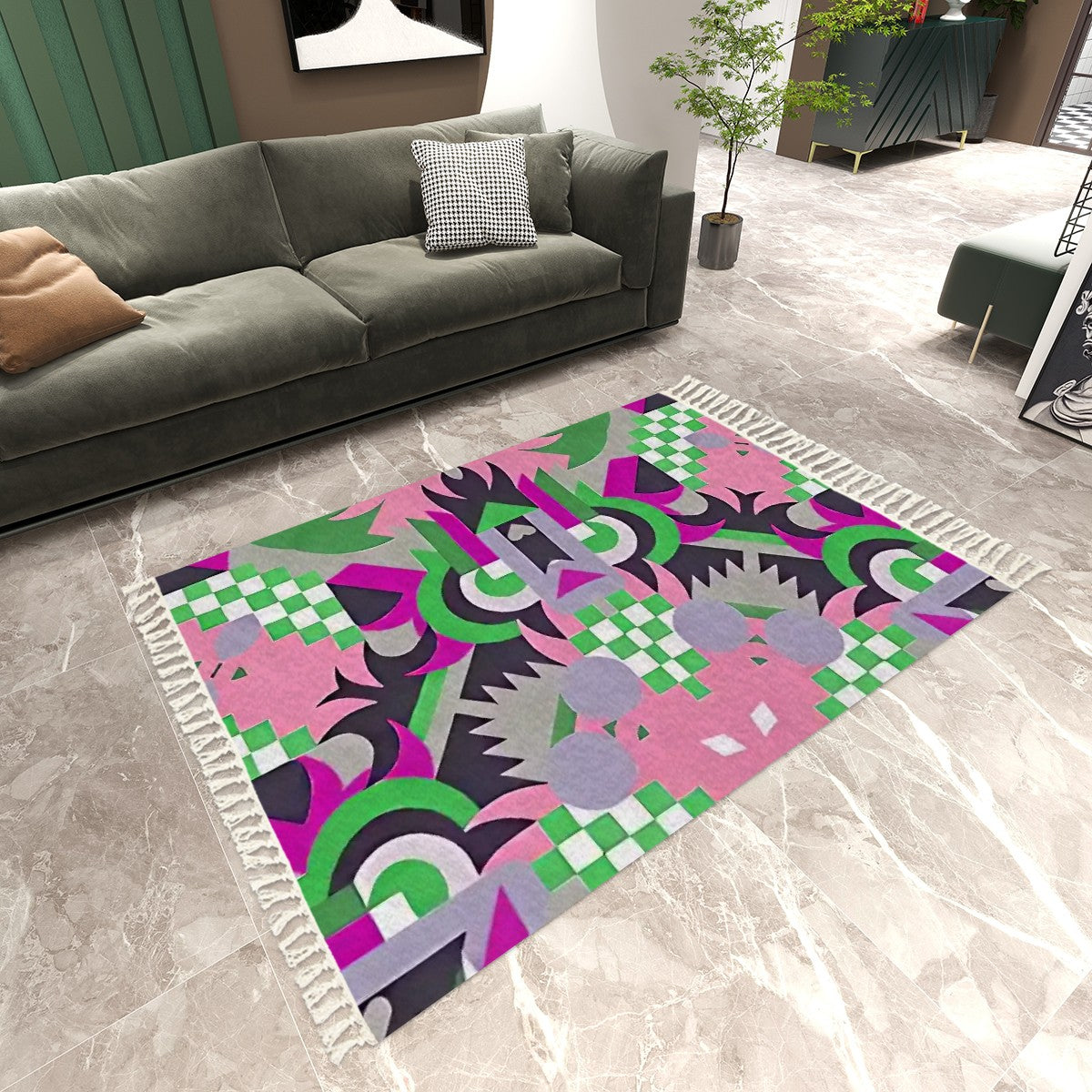 Mystic Mirage Abstract Geometric Area Rug with Tassels (5'x8') | Surreal Maximalist Rug