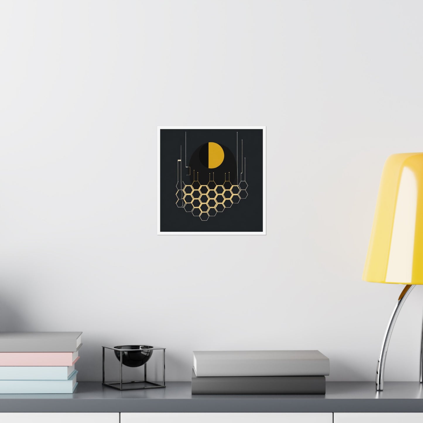 Minimalist Moon Graphic Abstract Geometric Honeycomb Square Matte Poster Cosmic Glitch Art Print