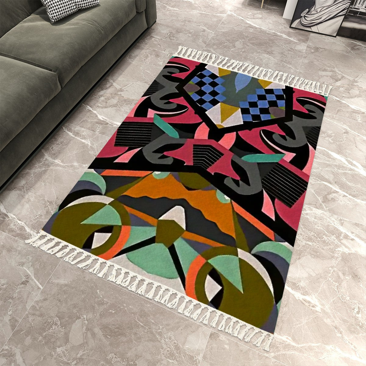 Moody Boho Luxe Abstract Geometric Area Rug with Tassels (5'x8') | Dark Academia Rug