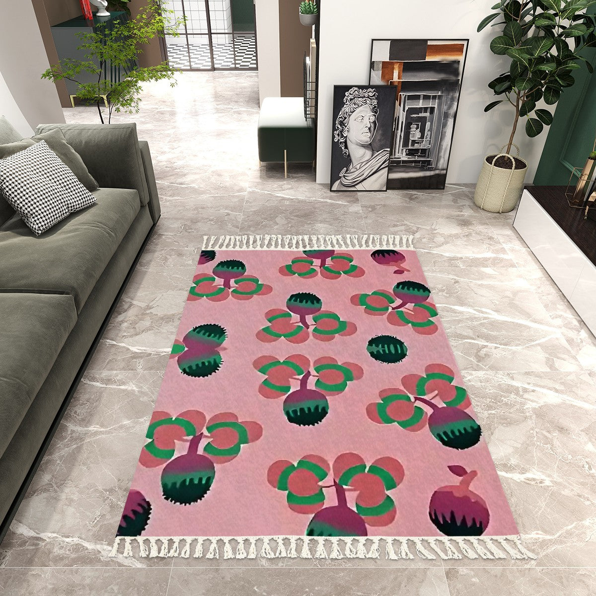 Blush Art Deco Abstract Floral Area Rug with Tassels (5'x8') | Dreamy Pastel Rug