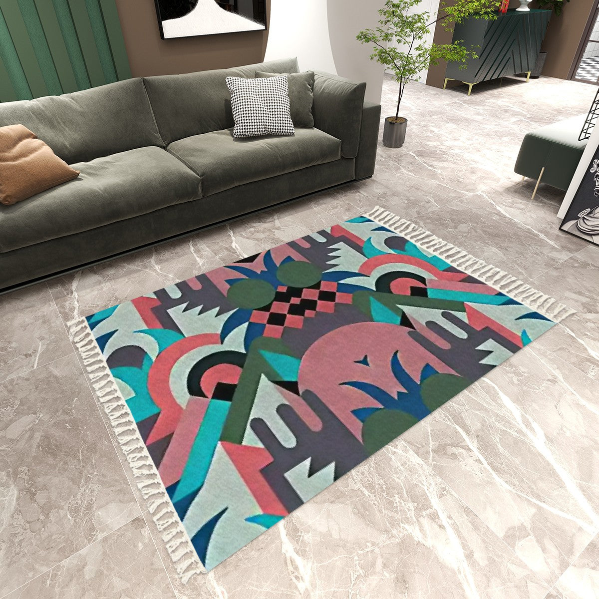 Art Deco Psychedelia Abstract Geometric Area Rug with Tassels (5'x8') | Eclectic Retro Rug