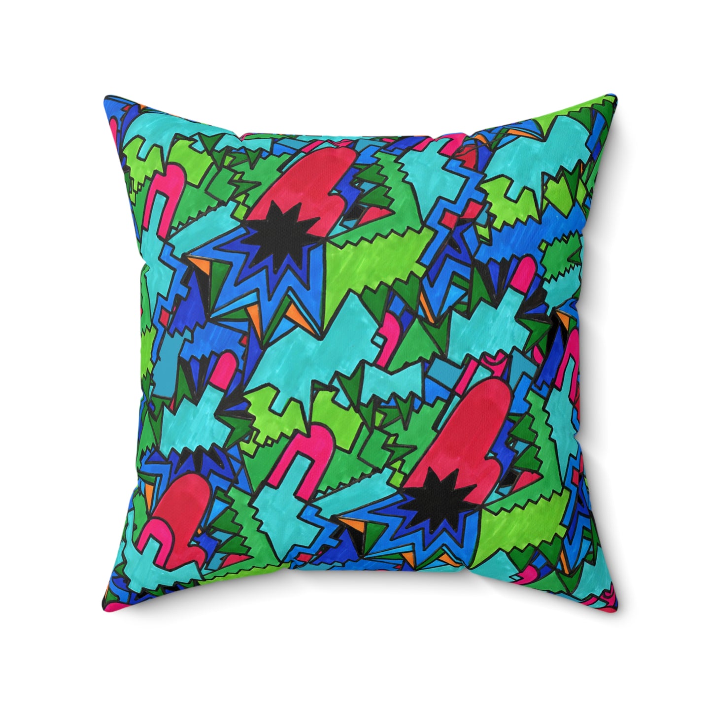 Pop Decoscape Abstract Artwork Maximalist Throw Pillow - Colorful Hand Drawn Eclectic Square Pillow