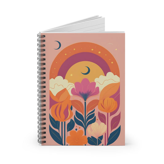 Abstract Wildflower Cosmic Moon Journal Spiral Notebook - Ruled Line