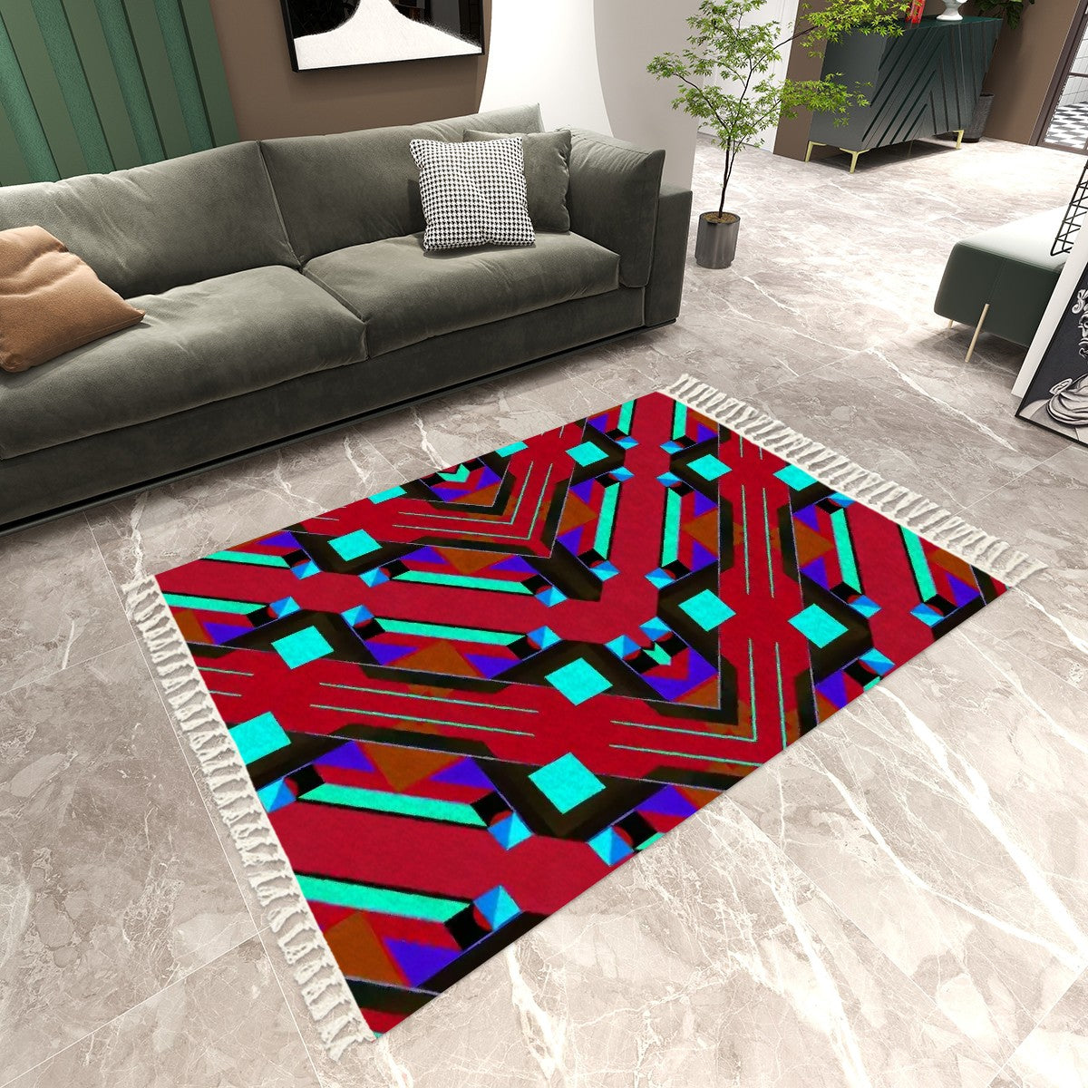 Pop Wild Geometric Cherry Coded Area Rug (5'x8') | Boho Eclectic Rug with Tassels