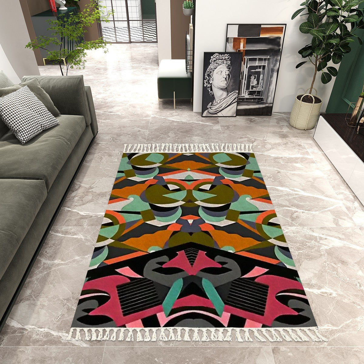 Biophilic Prism Abstract Geometric Area Rug with Tassels (5'x8') | Botanical Glam Rug