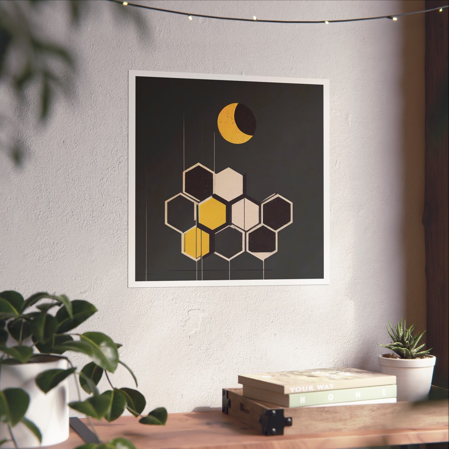 Minimalist New Moon Graphic Abstract Geometric Honeycomb Square Matte Poster Cosmic Art Print