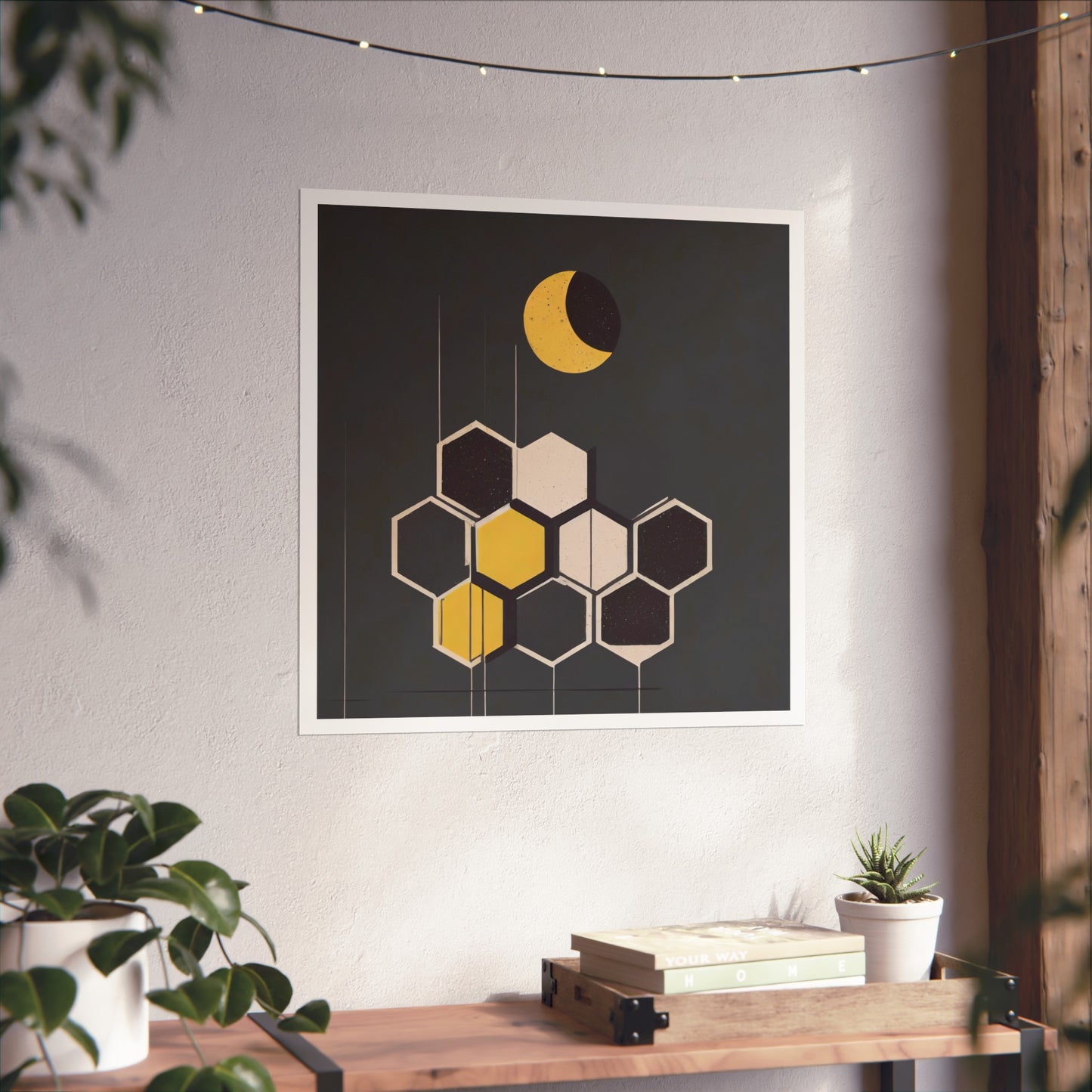 Minimalist New Moon Graphic Abstract Geometric Honeycomb Square Matte Poster Cosmic Art Print