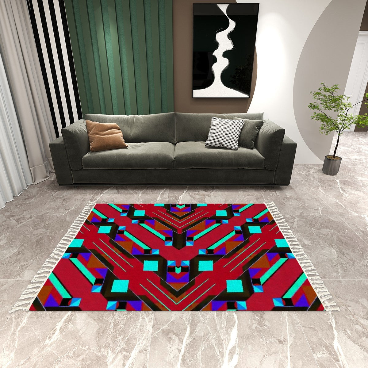 Pop Wild Geometric Cherry Coded Area Rug (5'x8') | Boho Eclectic Rug with Tassels