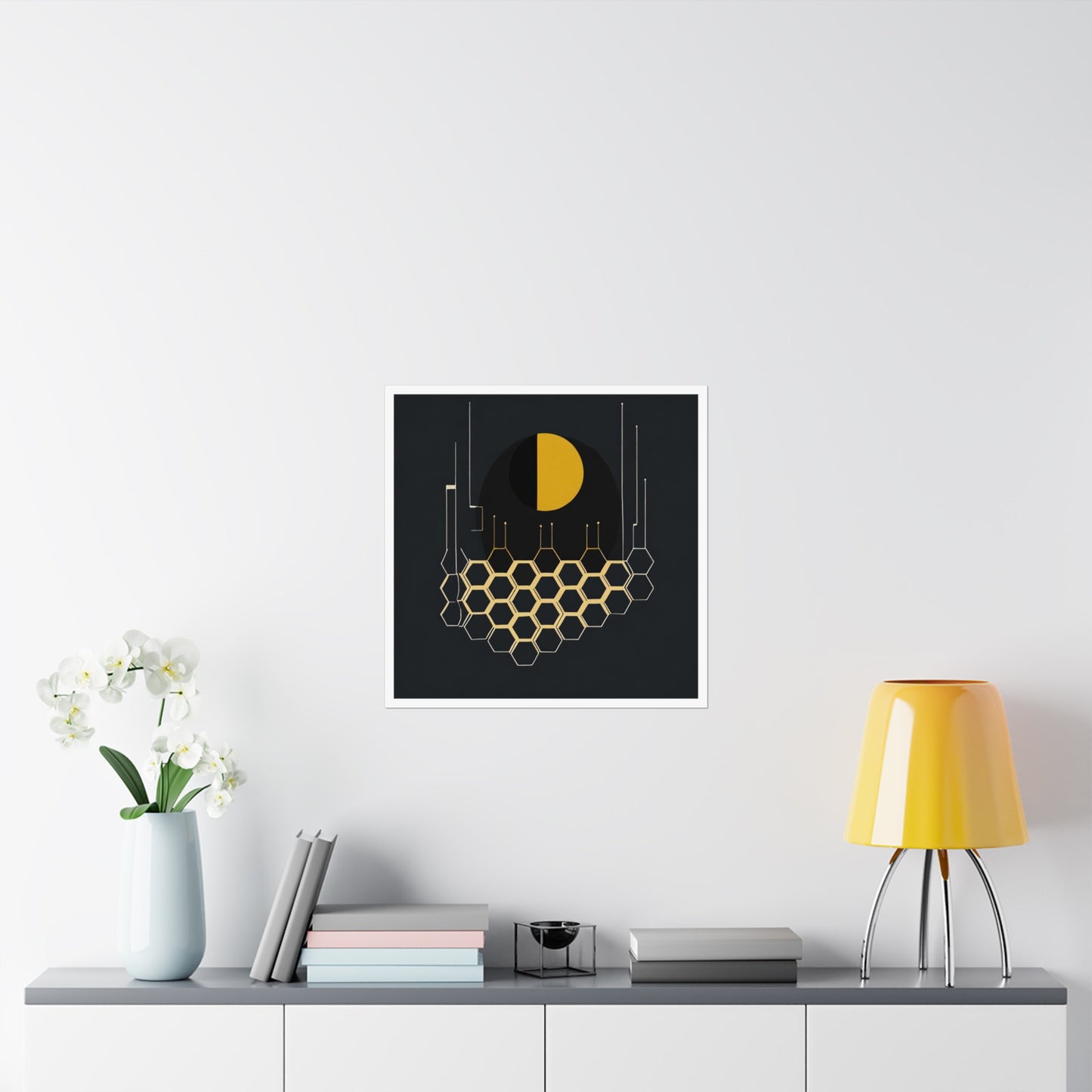 Minimalist Moon Graphic Abstract Geometric Honeycomb Square Matte Poster Cosmic Glitch Art Print