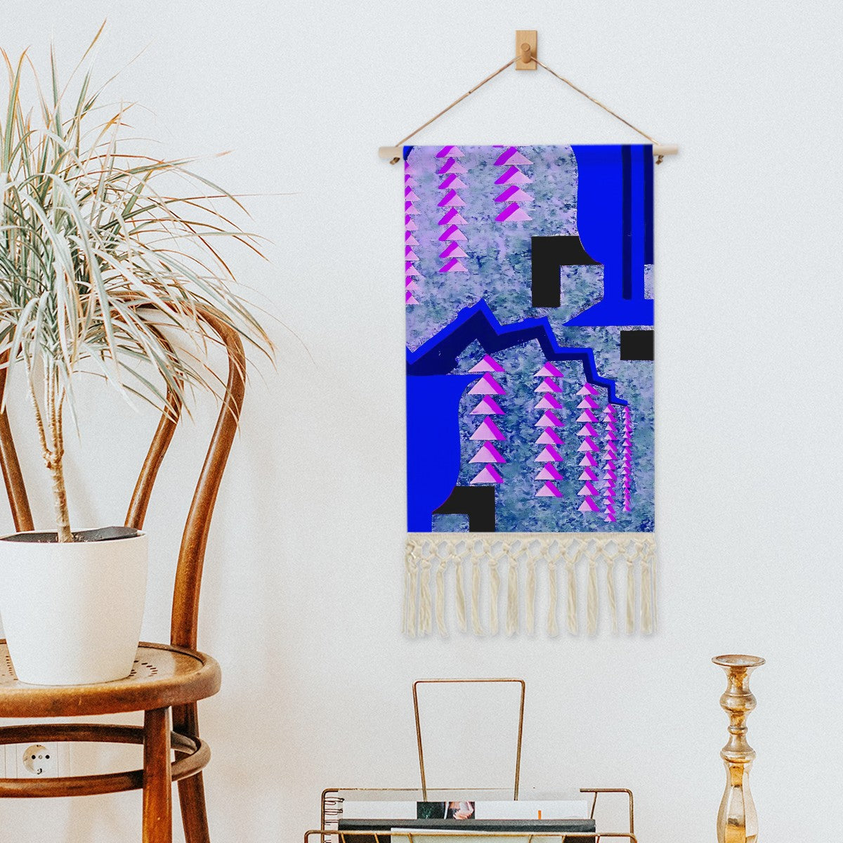 Blue Metropolis Grid Wall Hanging | Art Deco Geometric Cotton Linen Tapestry