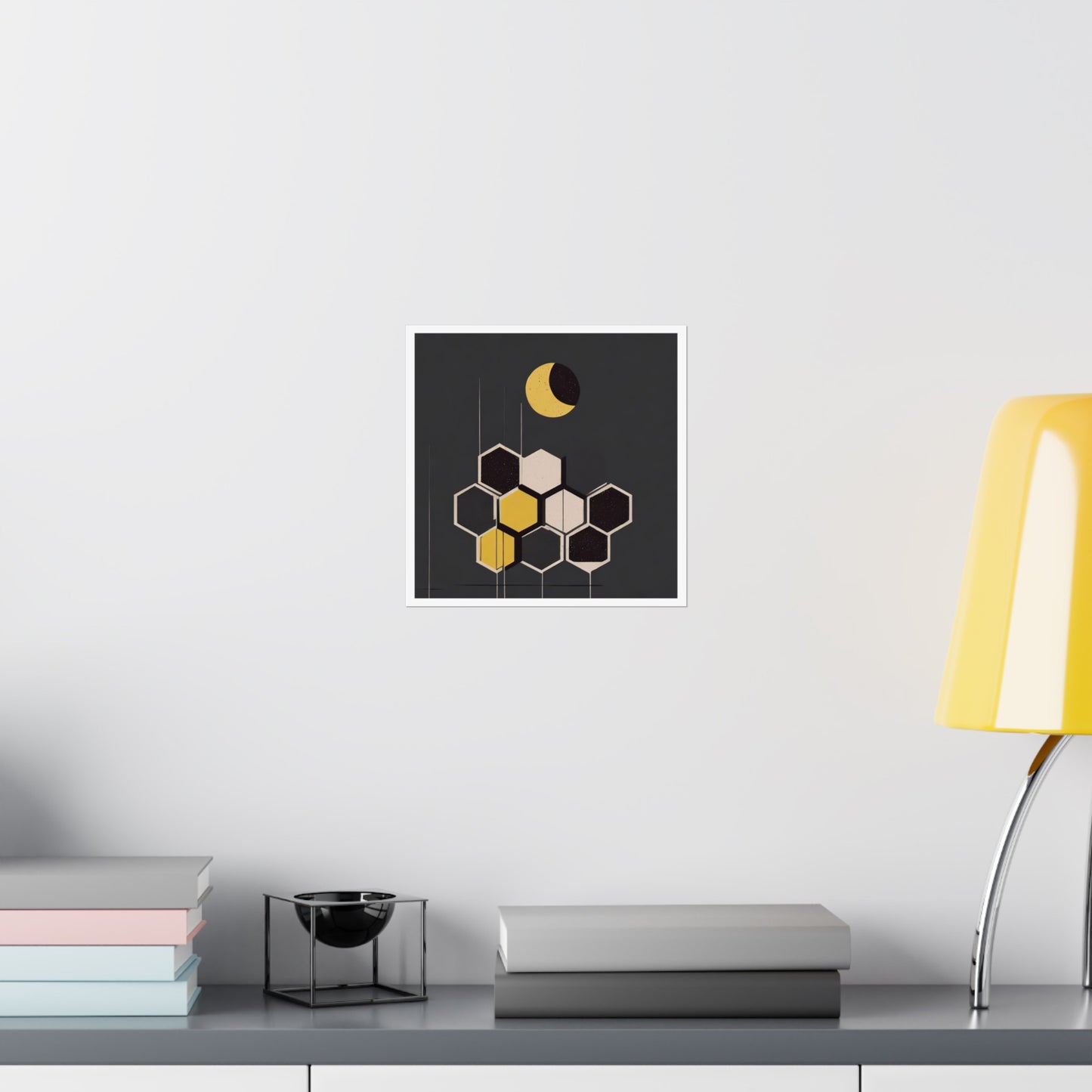 Minimalist New Moon Graphic Abstract Geometric Honeycomb Square Matte Poster Cosmic Art Print