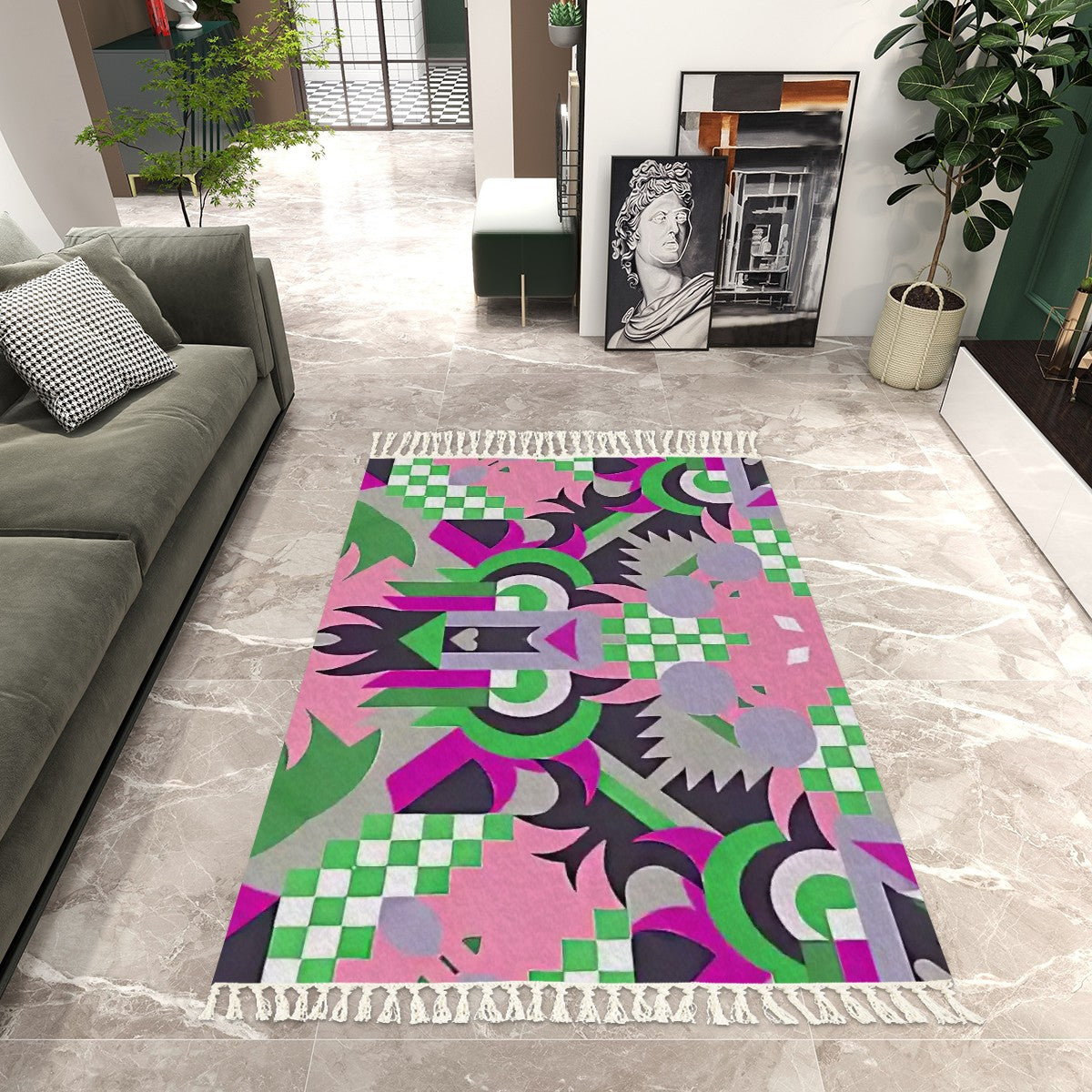 Mystic Mirage Abstract Geometric Area Rug with Tassels (5'x8') | Surreal Maximalist Rug