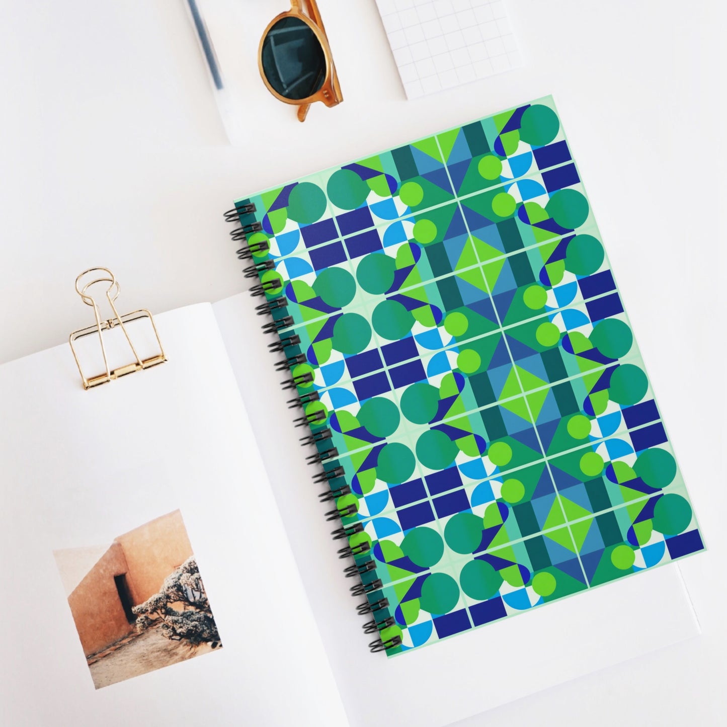 Blue and Green Abstract Geometric Journal Graphic Art Deco Vibe Spiral Notebook - Ruled Line