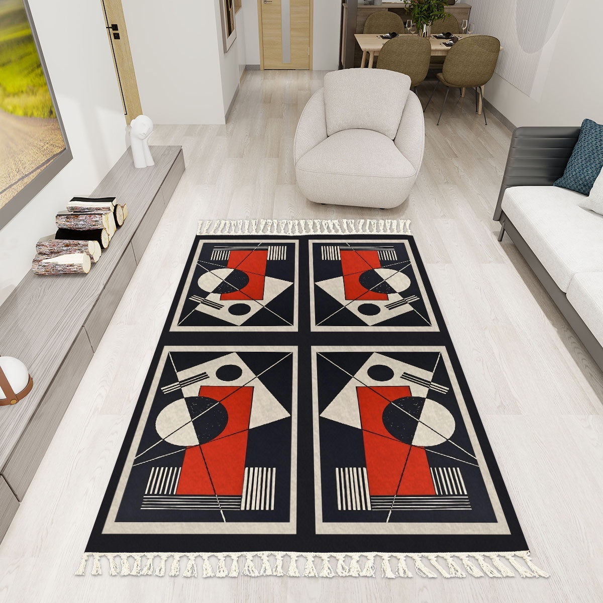 Geo Construct Area Rug with Tassels (5x3) | Abstract Geometric Rug - POP DECO