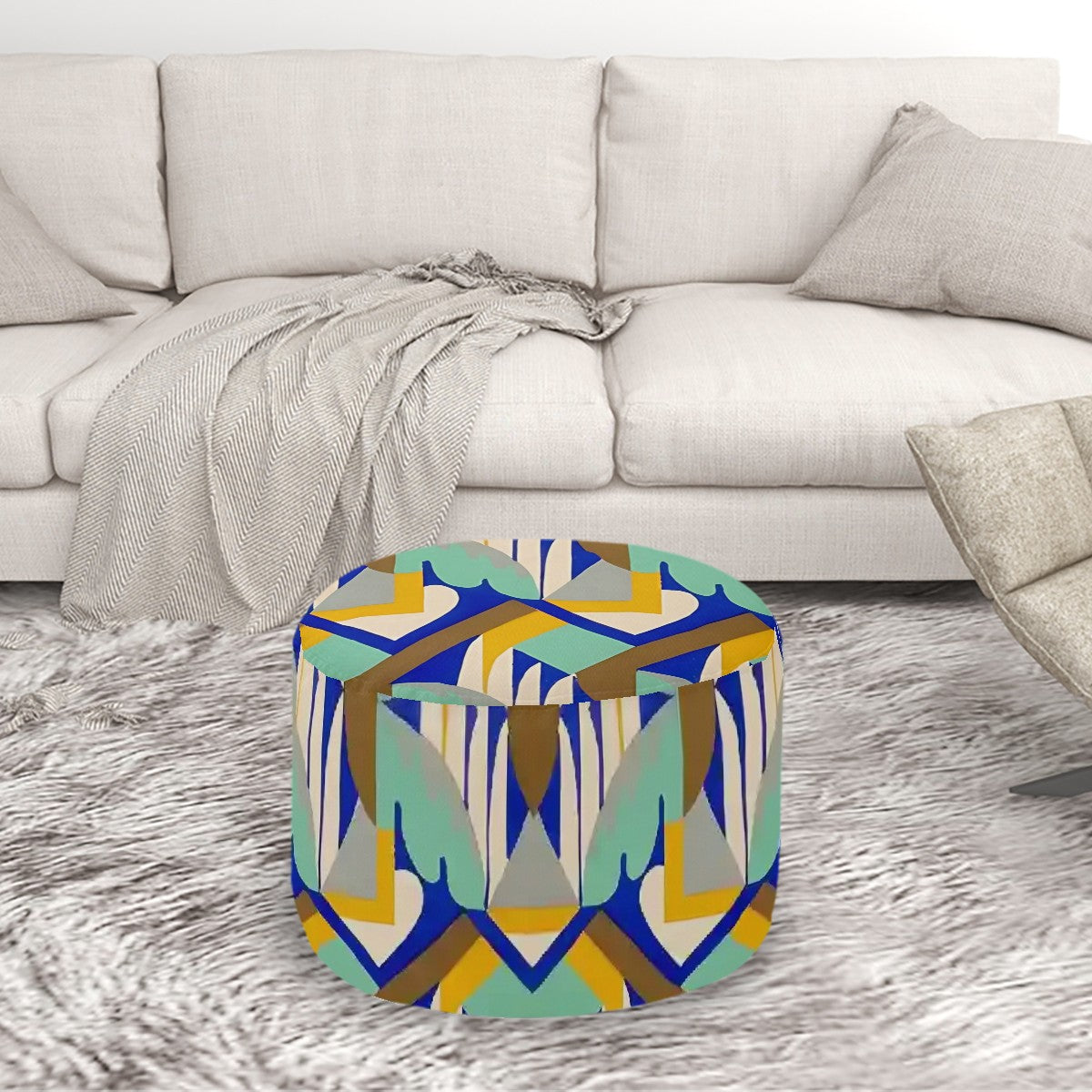 Kaleidoscope Reimagined Colorful Eclectic Round Pouf Ottoman |  Art Deco Inspired Abstract Patterned Pouf