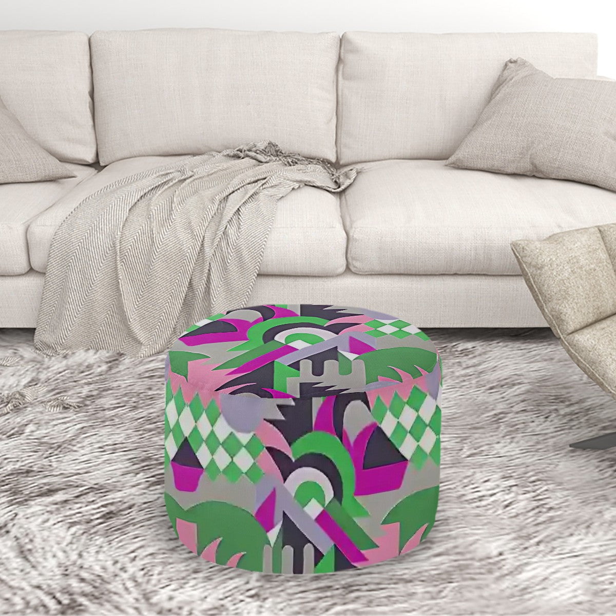 Kaleidoscope Reimagined Colorful Eclectic Round Pouf Ottoman |  Art Deco Inspired Abstract Patterned Pouf