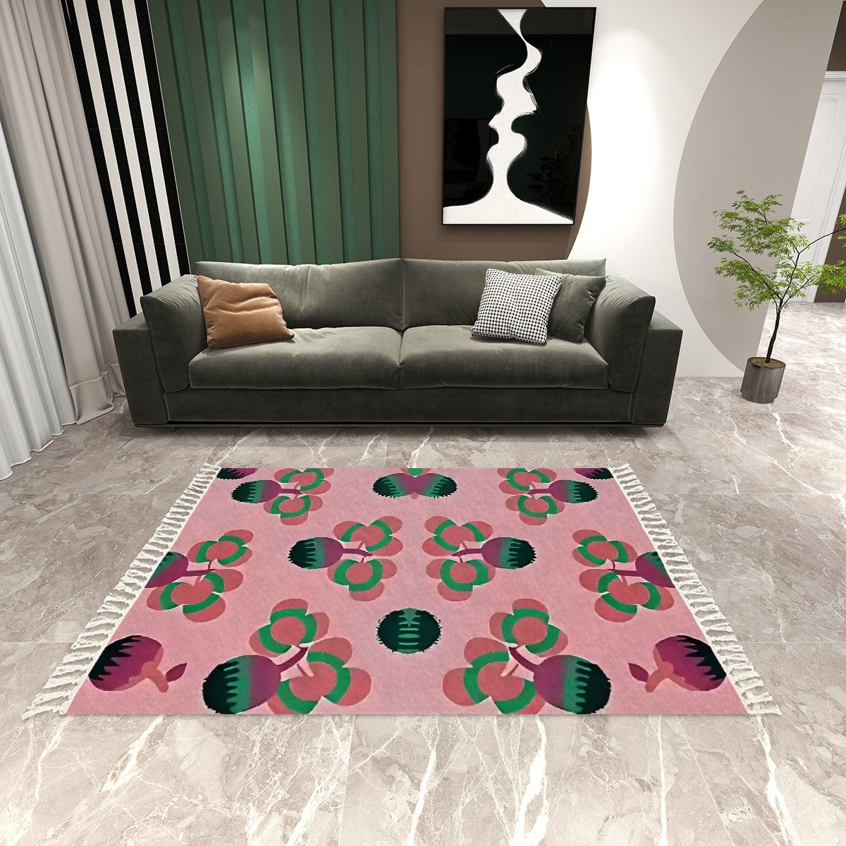 Blush Art Deco Abstract Floral Area Rug with Tassels (5'x8') | Dreamy Pastel Rug