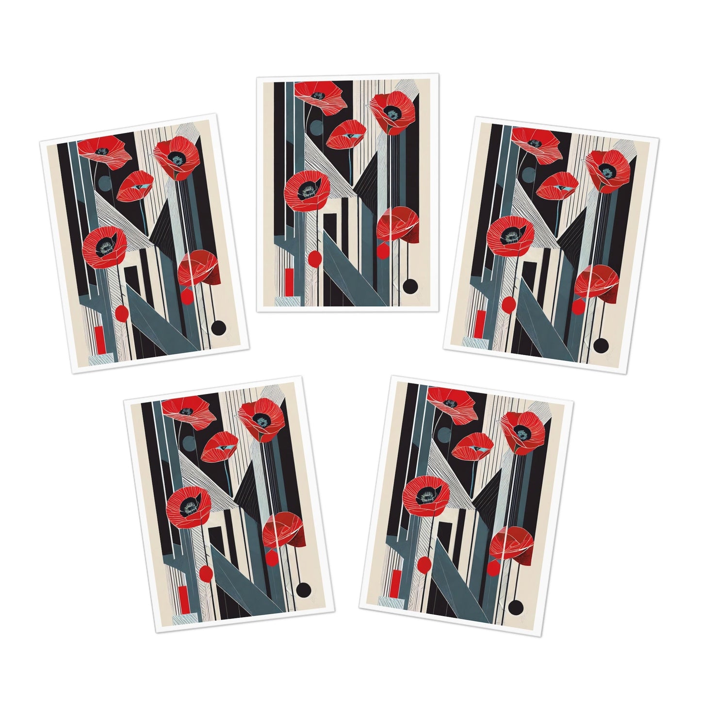 Abstract Geometric Art Deco Floral Note Cards | Pop Deco Red Poppies Greeting Cards (5 - Pack) - POP DECO