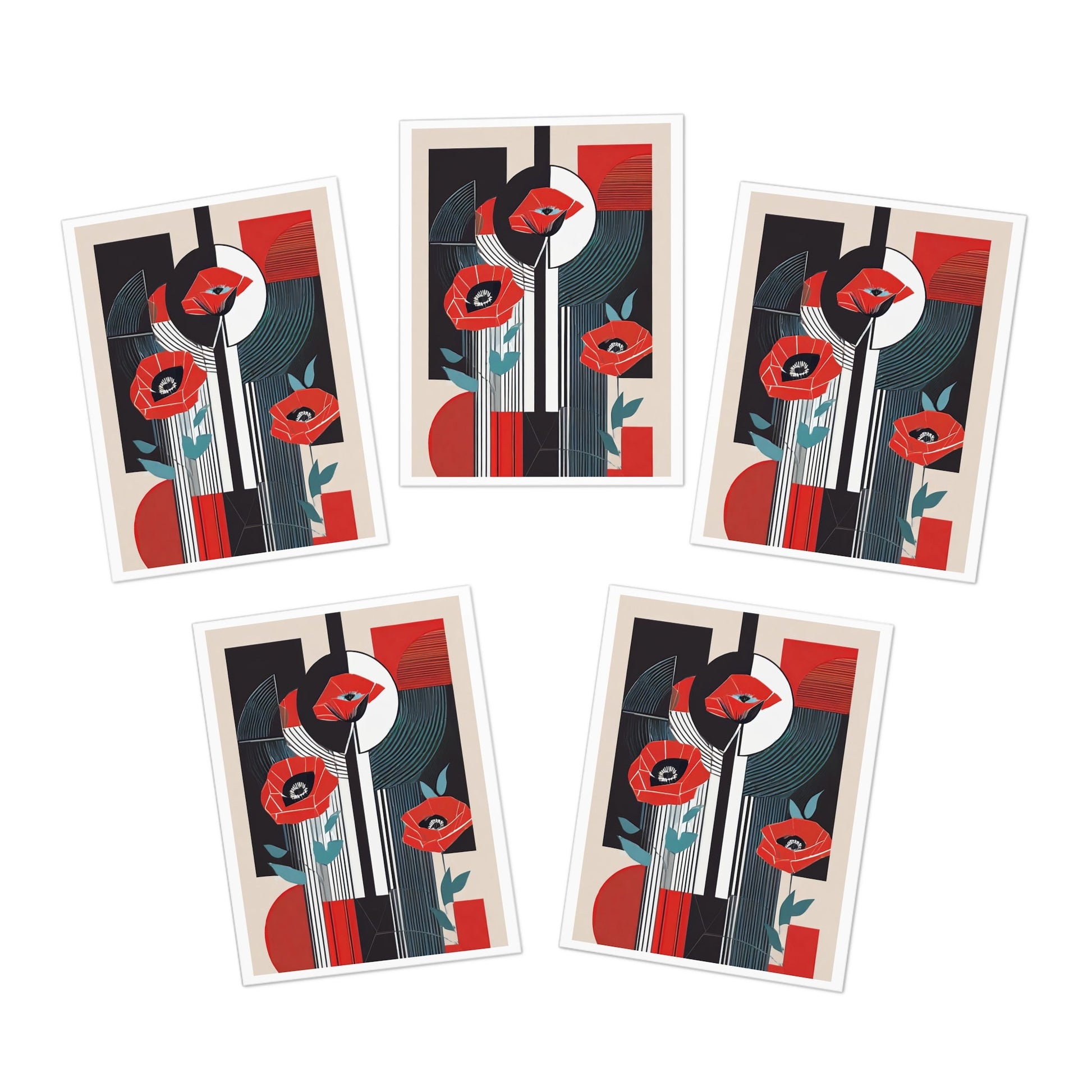 Abstract Geometric Art Deco Floral Note Cards | Pop Deco Red Poppies Greeting Cards (5 - Pack) - POP DECO