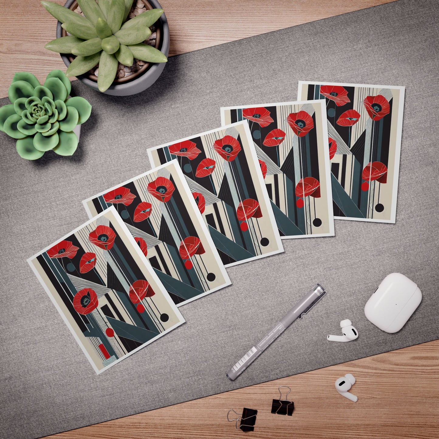 Abstract Geometric Art Deco Floral Note Cards | Pop Deco Red Poppies Greeting Cards (5 - Pack) - POP DECO