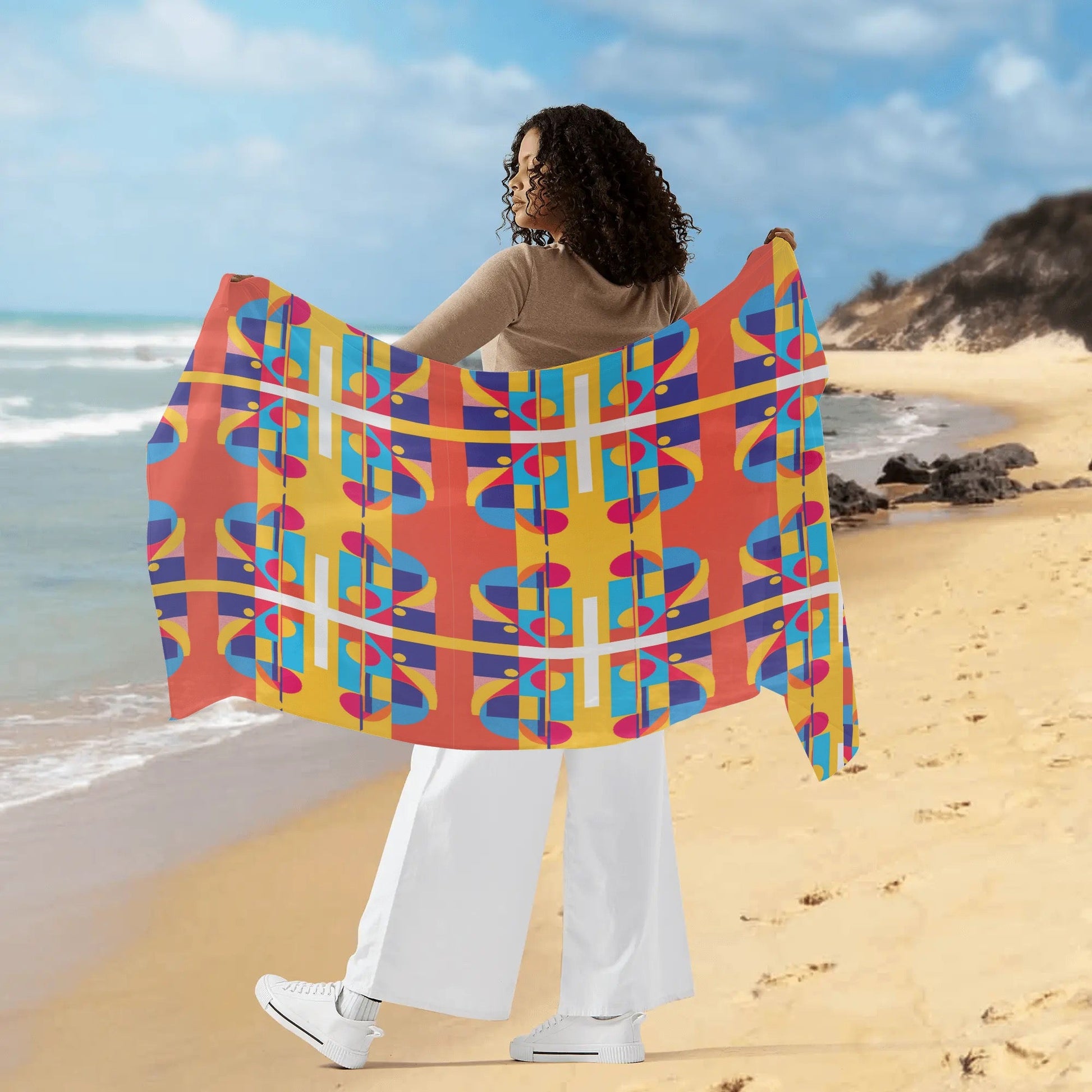 Abstract Geometric Colorful Sheer Womens Bikini Coverup Sarong Art Deco Inspired Bikini Coverup Sheer Retro Wrap - POP DECO