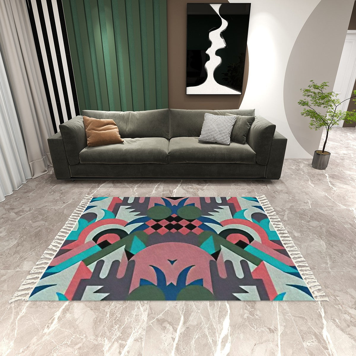 Art Deco Psychedelia Abstract Geometric Area Rug with Tassels (5'x8') | Eclectic Retro Rug