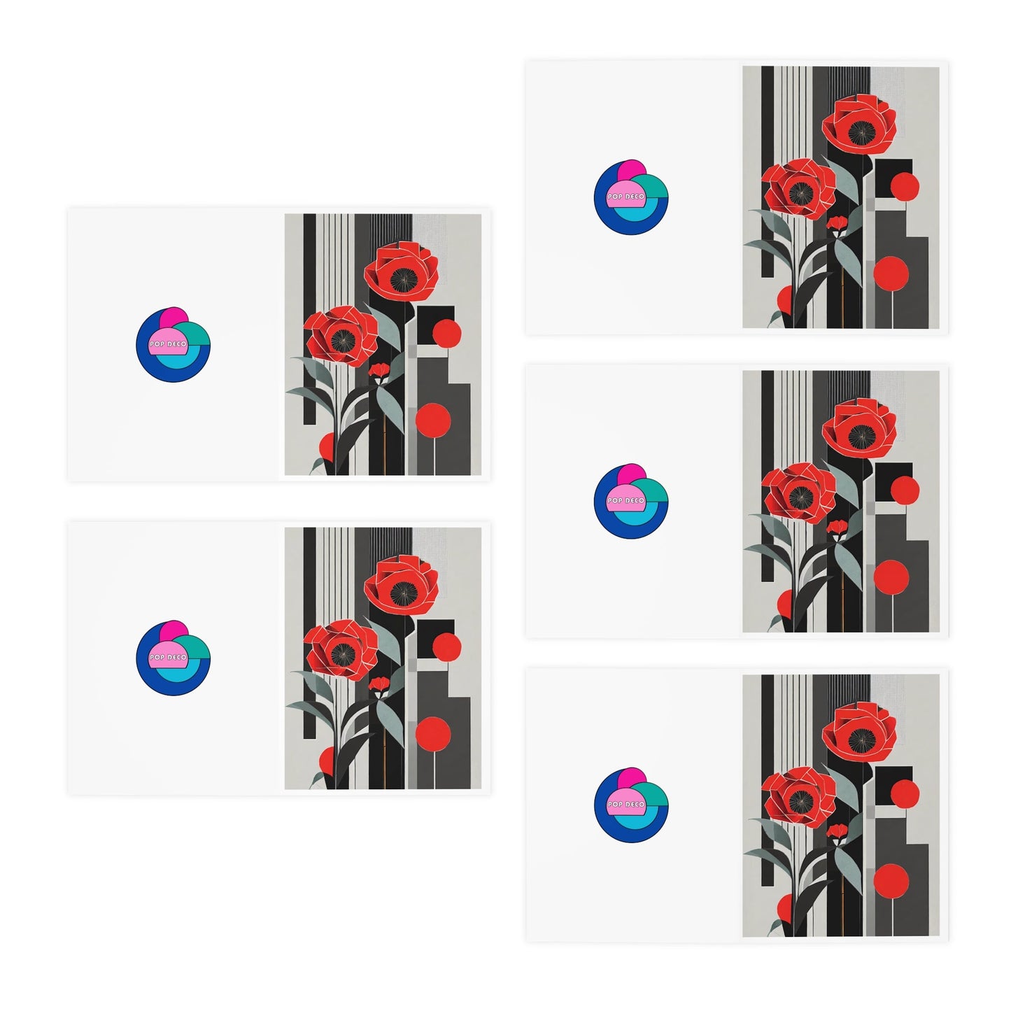 Art Deco Abstract Geometric Floral Note Cards | Pop Deco Red Poppies Greeting Cards (5 - Pack) - POP DECO