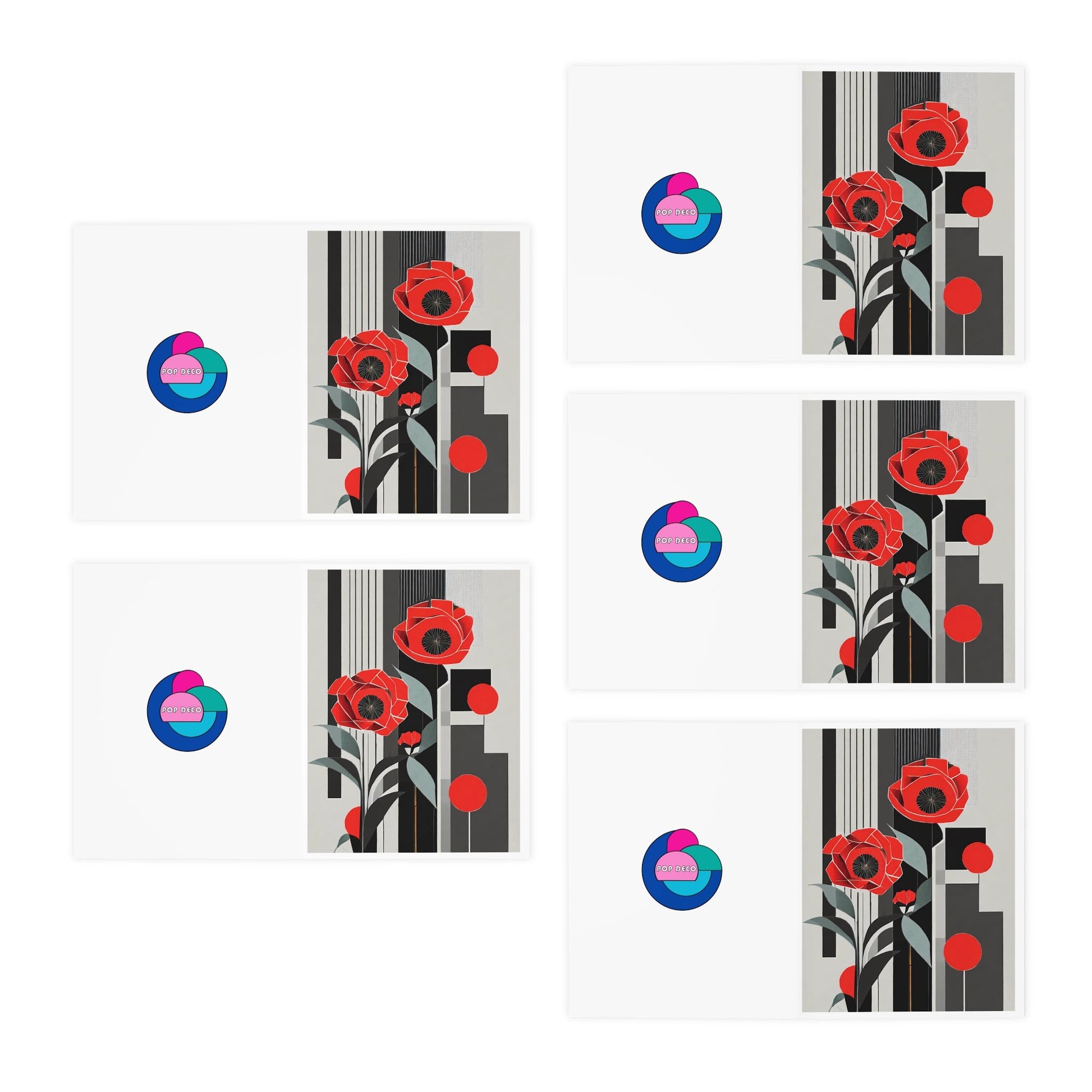 Art Deco Abstract Geometric Floral Note Cards | Pop Deco Red Poppies Greeting Cards (5 - Pack) - POP DECO