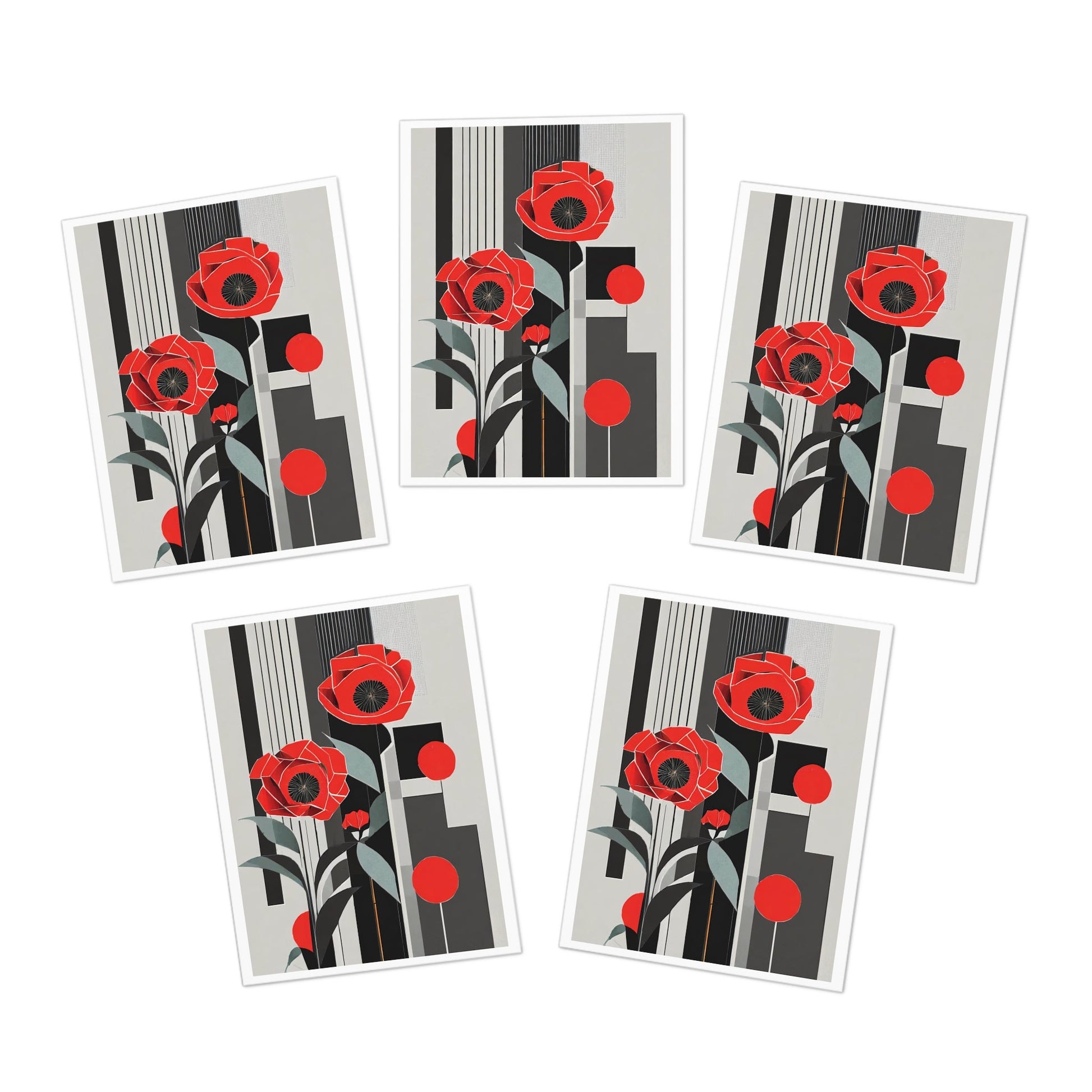 Art Deco Abstract Geometric Floral Note Cards | Pop Deco Red Poppies Greeting Cards (5 - Pack) - POP DECO