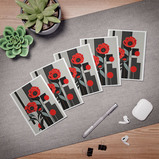 Art Deco Abstract Geometric Floral Note Cards | Pop Deco Red Poppies Greeting Cards (5 - Pack) - POP DECO